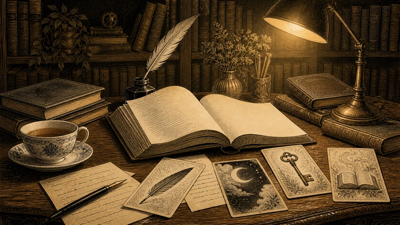 Книга, заметки и разложенные карты показывают Таро как инструмент литературного монтажа, а не как мистический реквизит.